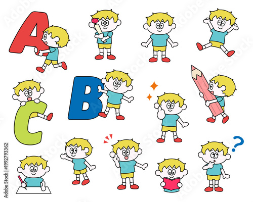 かわいい男の子のイラストセット_英語（ベクター）