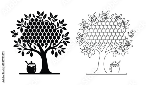 ミツバチとハチの巣が実る木、蜂蜜の壺とスプーンが添えられた自然の恵みを感じさせるモノクロベクターイラストセット。養蜂、オーガニック食品、自然派ライフスタイルを象徴するデザイン素材。