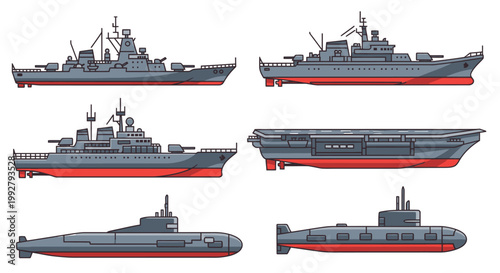 Colorful illustration depicting various naval warships and submarines side view