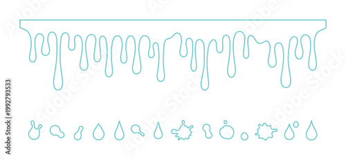 水滴と液体の流れ、ミニマルな水色のアウトラインベクターイラストセット。溶ける氷や雨、液体表現に最適なグラフィック素材、ウェブデザインやアイコンに。