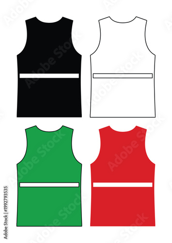 スポーツチームやイベントに最適な、黒、白、緑、赤の4色展開のノースリーブユニフォームセット。カスタマイズ可能なベクターテンプレート、運動着デザイン、チームウェアのイラスト素材。