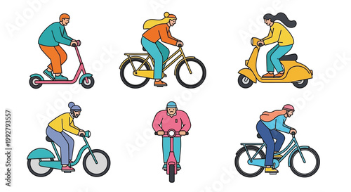 Diverse people commuting with various transportation methods in a flat illustration
