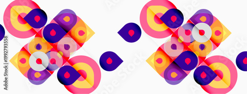 Abstract geometric pattern. Overlapping circles, squares create vibrant, colorful design. Modern aesthetic, repeating motif.