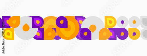 Abstract pattern features circles, squares, rectangles. Purple, orange, gray colors dominate design. Minimalist aesthetic, repeating motifs present.