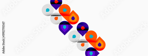 Colorful circles, squares, rectangles form abstract pattern. Shapes overlap, creating dynamic visual composition. Bright hues dominate design.