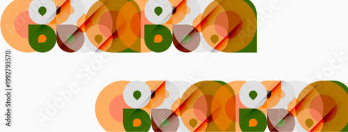 Abstract geometric shapes repeat, creating pattern. Circles, squares, rectangles overlap, forming colorful design. Minimalist style, flat illustration.
