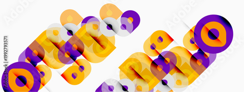 Abstract design features overlapping purple, orange circles, rectangles. Minimalist composition creates dynamic visual effect.