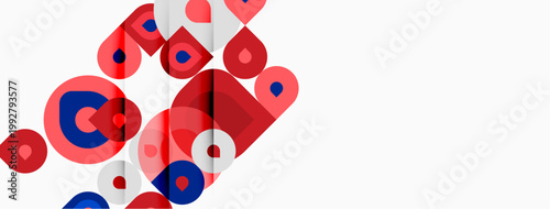 Abstract geometric shapes overlap. Red, blue, pink circles create dynamic composition. Minimalist design, clean aesthetic.