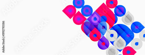 Abstract composition. Colorful rounded squares, circles overlap white background. Modern design, vibrant hues create dynamic visual effect.