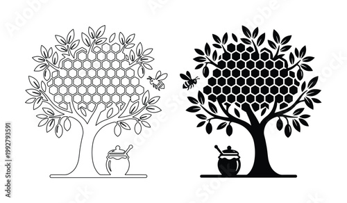 ハチミツの木、ミツバチとハニカムの巣が実る生命の木、自然の恵みを象徴するモノクロベクターイラストセット、養蜂やオーガニック食品のコンセプトデザインに。