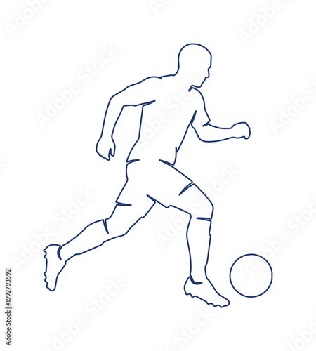 サッカー選手がボールをドリブルする躍動感あふれるベクターイラスト、スポーツイベントやチームのロゴに最適なシンプルな線画、フットボールの動きを表現した青いアウトラインデザイン