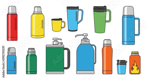 Colorful illustration depicting various types of insulated beverage containers