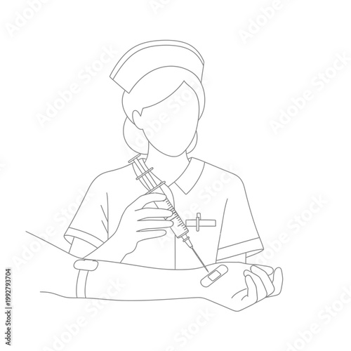 Medical professional administering injection or drawing blood from patient's arm. Healthcare worker giving vaccine shot. Line art illustration.