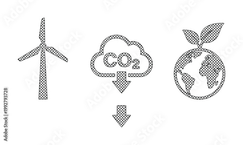 環境保護と持続可能性を象徴する、風力発電、CO2排出削減、地球と植物の葉のモノクロベクターアイコンセット。クリーンエネルギー、エコフレンドリーな未来、気候変動対策の概念を表現するシンプルなイラスト素材。