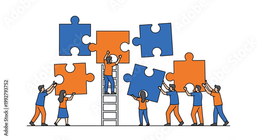 Teamwork concept with people connecting puzzle pieces together