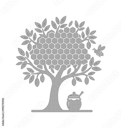 ミツバチとハニカムの巣が描かれた生命の木、自然とハチミツの恵みを象徴するベクターイラスト、養蜂やオーガニック食品のコンセプトに最適なデザイン素材