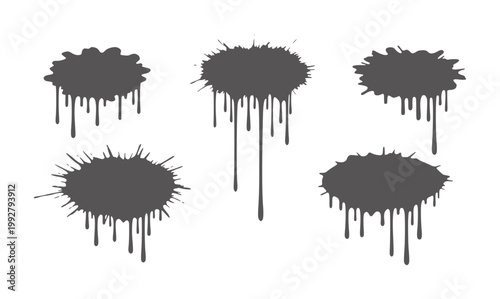 Five dark grey ink splatters with dripping effect white paint splash