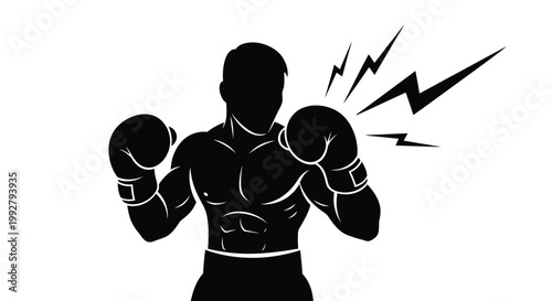 Silhouette of a muscular boxer striking with energy lines emanating out