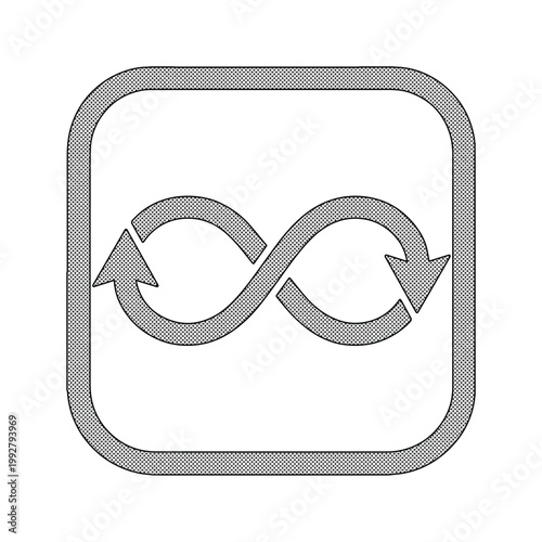 無限ループとリフレッシュを象徴する、循環する矢印のミニマルなモノクロベクターアイコン。持続可能性、更新、連続性を表現するシンプルなグラフィック素材。