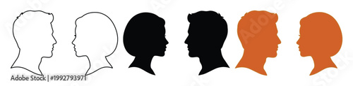 多様な人々の横顔シルエット、男性と女性のプロフィールアイコンセット。白、黒、オレンジのカラーバリエーションで表現された、性別や個性を象徴するシンプルなベクターイラスト素材。