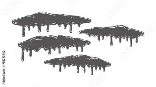 Four dark grey blobs of liquid dripping down white
