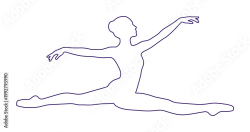 優雅なバレエダンサーのシルエット、スプリットジャンプで舞う女性のベクターイラスト。ダンス、パフォーマンス、フィットネスを表現する洗練されたラインアート。