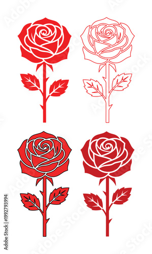 情熱的な赤いバラのベクターイラストセット、ロマンチックな花のデザイン素材、愛と美を象徴するバラのアイコンコレクション、バレンタインデーや記念日のグラフィックリソースに最適