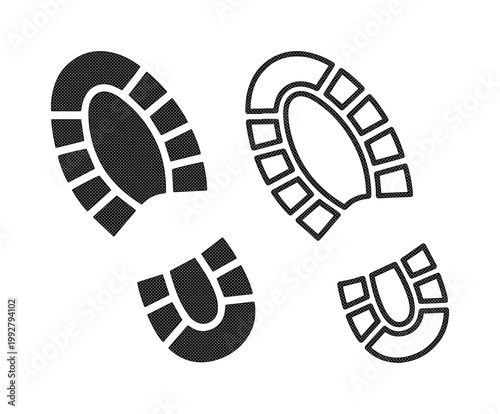 靴跡と足跡のシンプルなモノクロベクターイラスト、歩行や移動の概念を示すフットプリントアイコンセット、白背景に映える黒いシルエットとアウトラインデザイン