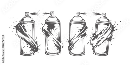 Four spray paint cans with dripping paint splatters and spray aerosol graffiti