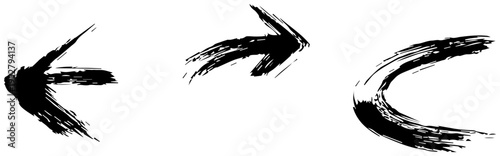 Dynamic black brush stroke arrows and curved line conveying direction movement and abstract design elements in a minimalist graphic style with a clean white background perfect
