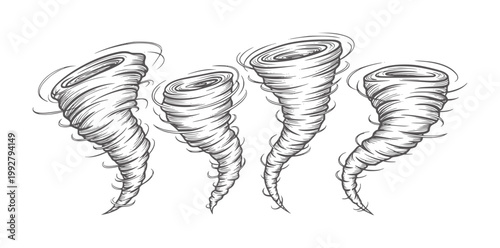 Four swirling grey tornado a white twister storm weather wind