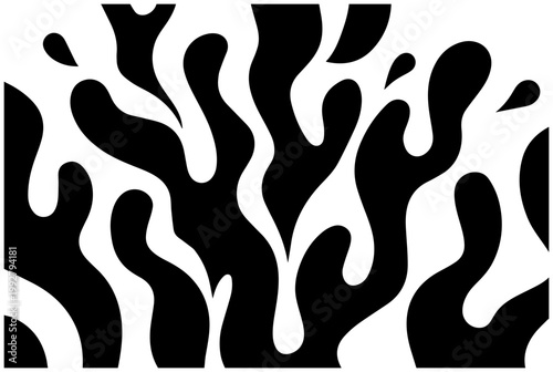 Abstract organic black silhouettes of wavy branching coral and seaweed shapes against a clean white background evoking underwater marine life and natural fluid forms