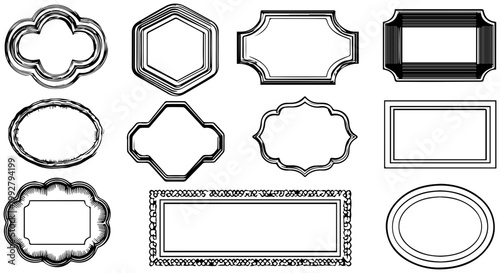 Collection of diverse geometric outline frames and decorative badges with blank white spaces for text or images presented on a clean white background ideal for graphic design