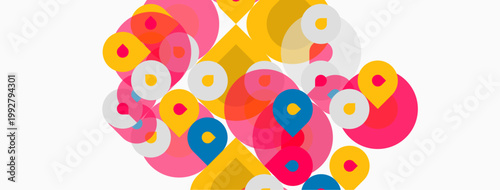 Abstract colorful circles overlap, creating dynamic composition. Bright hues dominate white background. Modern design element.