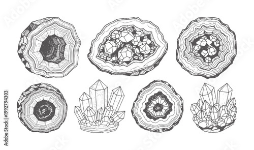 Hand drawn geode slices and crystal clusters in monochrome mineral rock