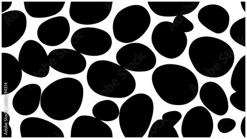 Abstract seamless pattern of overlapping smooth black oval shapes and rounded pebbles against a clean white background creating a modern minimalist graphic design with a sense