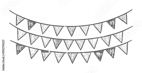 Hand drawn grey pennant banner strings white handdrawn