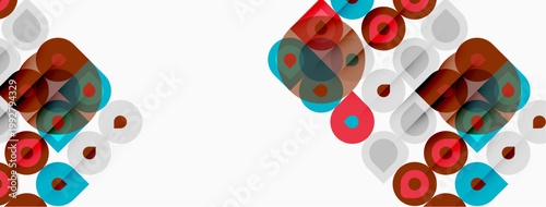 Abstract geometric shapes overlap, creating layered visual effect. Red, brown, teal colors dominate neutral background. Modern design.