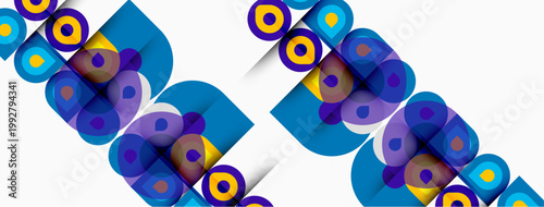 Abstract geometric pattern. Circles, squares overlap creating vibrant visual texture. Blue, purple, yellow dominate composition.
