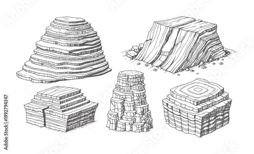 Hand drawn geological rock formations and strata geology erosion