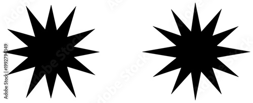 Two sharp black irregular star and asterisk silhouettes with pointed spikes isolated on a clean white background representing abstract celestial or decorative graphic elements