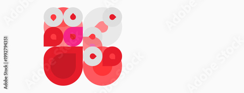 Abstract composition featuring overlapping red circles varying sizes. Minimalist design, clean aesthetic, white background dominates image.