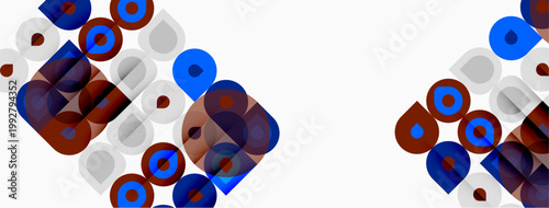 Abstract geometric shapes, circles, squares overlap. Red, blue, gray colors dominate white background. Minimalist design.