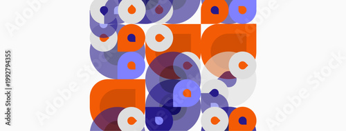 Abstract composition. Overlapping circles, squares, curved shapes create vibrant pattern. Orange, lavender, gray dominate design.