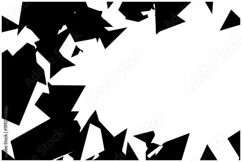 Jagged shattered polygon abstract forms with sharp asymmetrical edges creating a dynamic fragmented pattern against a stark white background evoking chaos and deconstruction