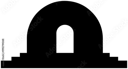 Abstract silhouette of a monumental archway with symmetrical steps leading up to a central doorway representing a portal or entrance rendered in solid black against a pure white