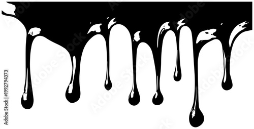 Abstract black liquid dripping and melting from a surface in heavy viscous organic forms with glossy highlights and smooth curves creating a dramatic and fluid visual effect