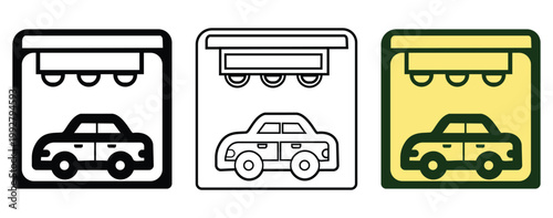 Foto Taxi station and car wash icons set featuring a vehicle under a shelter in silho