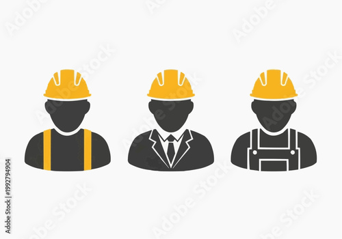 Construction Worker and Engineer Icons Set - Minimalist Flat Vector Avatars with Safety Hard Hats