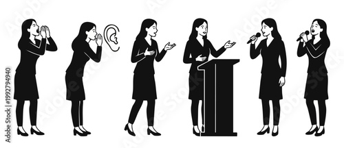 Business Woman Communication Icon Set, Presenting and Speaking Characters. Professional female employee gestures, including public speaking, shouting, whispering, and singing in simple black line art